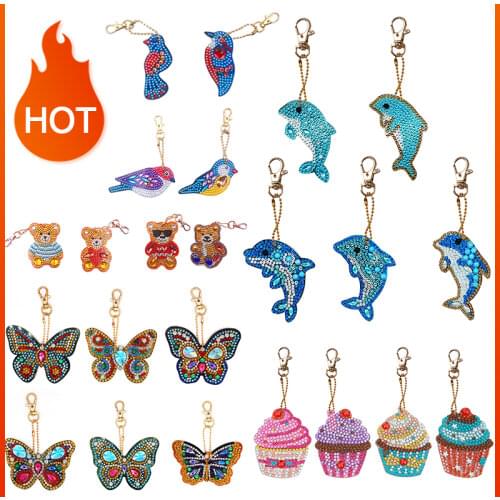 5pcs/Set DIY Full Drill Diamond Painting Key Chain Cartoon Bird Bag Pendant Custom Diamond Painting Keyring with Drilling Tools