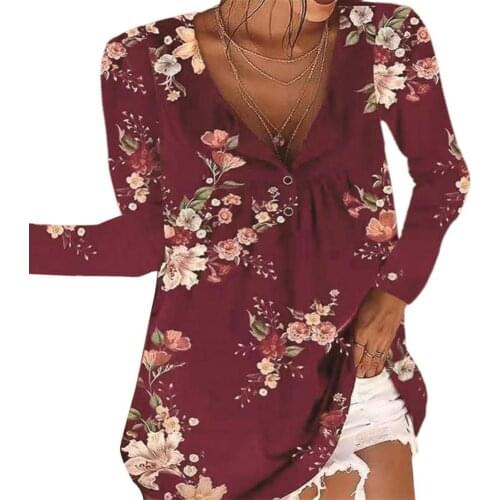 Blouse Women Plus Size Vintage Flower Print V Neck Autumn Shirts Long Sleeve Buttons Blouses for Women 2021 Blusas Mujer