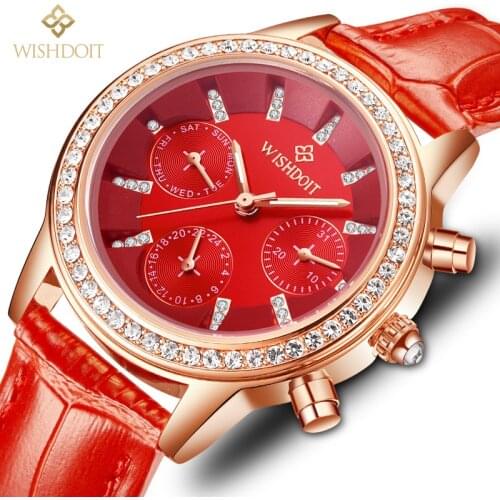 WISHDOIT New Ladies Watch Rose Gold Top Luxury Brand Leather Watch Female Trend Fashion Waterproof Diamond Watch