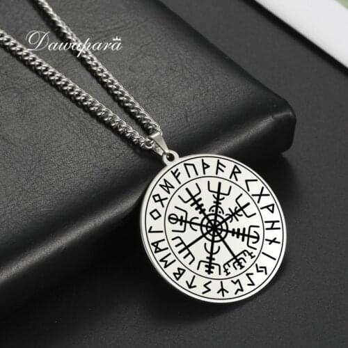 Dawapara Nordic Viking Compass In Rune Circle Vegvisir Pendant Necklace Stainless Steel Jewelry Men Vintage Amulet Necklaces