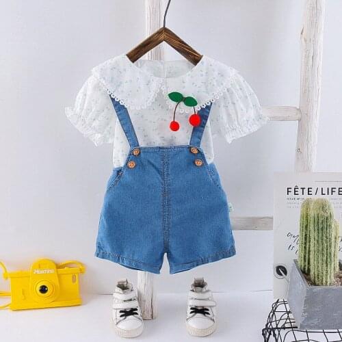 Childrens Clothing 2021 Summer Girls Outfits Baby Clothes Cherry Floral Shirt + Bib Suit 2 Pieces/set