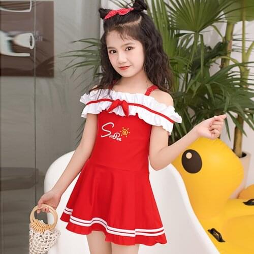 Kids Red Swimsuit Ruffled One Shoulder Swimwear Quick Dry Child Skirt Beachwear One-Piece Bikini Big Girls Dress Bathing Suit