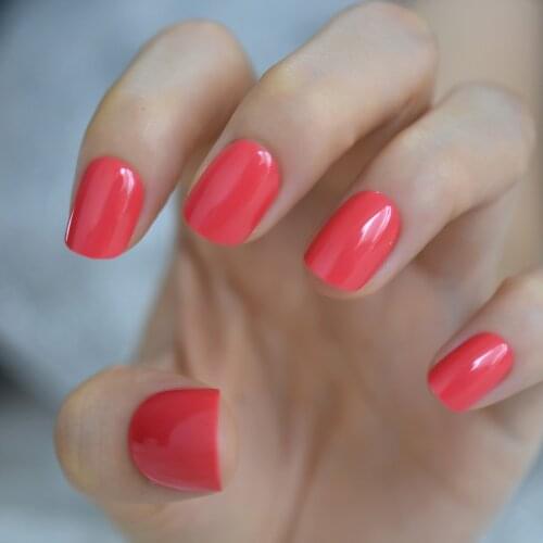 Glossy Watermelon Red Short Square Nail Tips False Fake Nails UV Gel Press on Full Cover Easy Wear for Home Office Wear