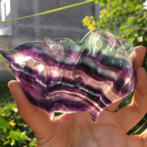 Beautiful Natural Colorful Fluorite Crystal Hand Carved Nine-Tailed Fox Crystal Healing Lucky Amulet Animal Carving Gift