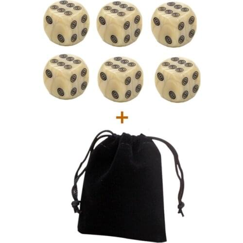 6Pcs 16mm Pearl Pattern Dice With Bag Bull Eye Circle Pip Carved Round Corner D6 Dice for Board Game and Other Games Accessories