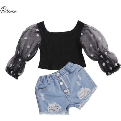 Baby Girls Summer Outfits 2-Piece Fashion Casual Polka Dot Mesh Bubble Sleeve Top + Buttons Ripped Denim Shorts Suit 1-6Years