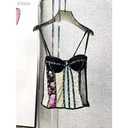Fashion Women Vest 2021 Runway Spaghetti Strap Luxury Flowers Print Lace Patchwork European Design party style Ladies Blouse