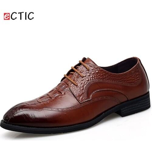 ECTIC 2019 Bridal Classy Vintage Crocodile Derby Shoes Brogue Men Wingtip Shoe Leather Man Formal Office Meeting