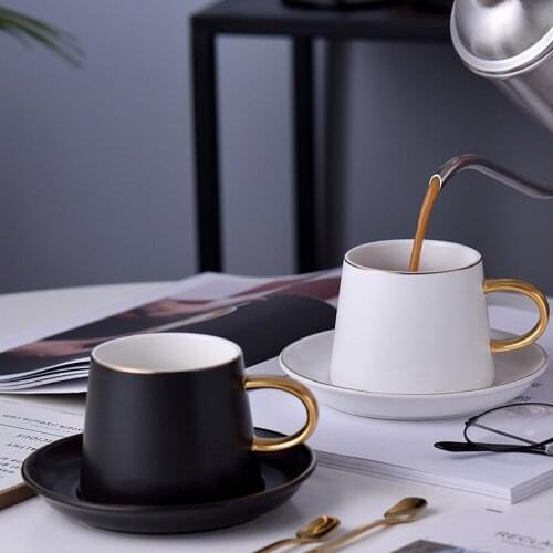 MUZITY Ceramic Coffee Cup and Saucer Black Porcelain Tea Cup Set with Spoon 250ml Drinkware