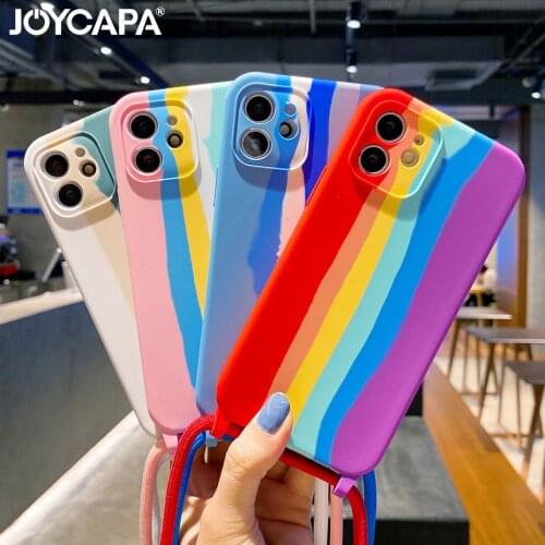Rainbow Gradient Soft Silicone Case For iPhone 12 11 Pro Max XR X XS 7 8 Plus SE Mini Necklace Lanyard Shoulder Strap Cord Cover