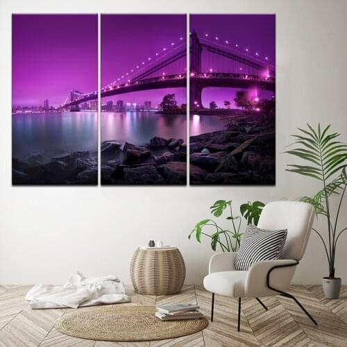 Canvas Wall Art Picture Frame Kitchen Restaurant Decor 3 Pieces Cityscape sunset clouds Manhattan Bridge River HD Printed Poster