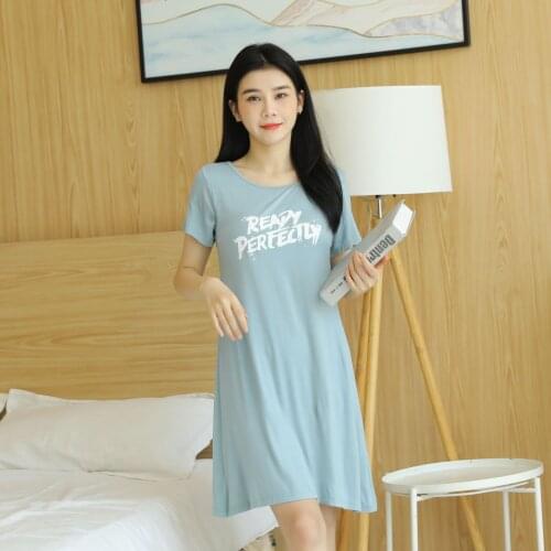 Modal printed short-sleeved nightdress with chest pad pajamas without bra thin large size ruffle dress home service