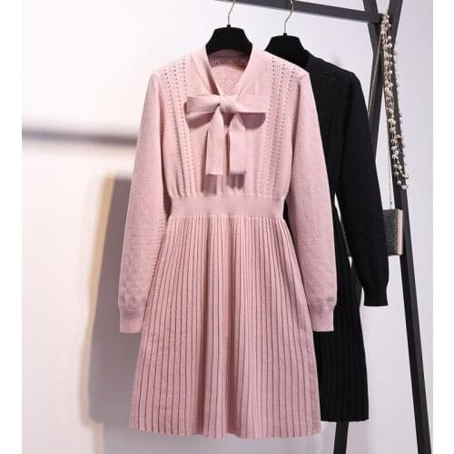 Autumn Winter Pink Bow Tie Collar Sweater Dress Plus Size Mini Knitted Dress Women Pullover Pleated Dress High Waist Hollow A282