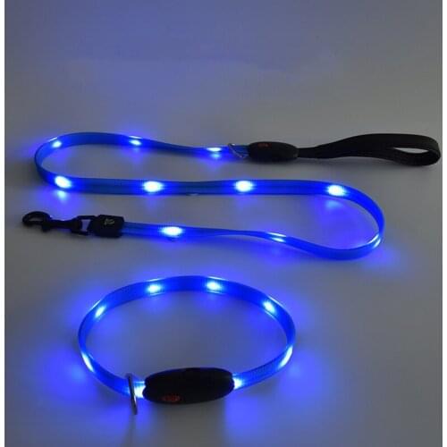 New Arrival LED Luminous Nylon Dog Collar Flashing Waterproof Flat Rope Light-up Collar Set