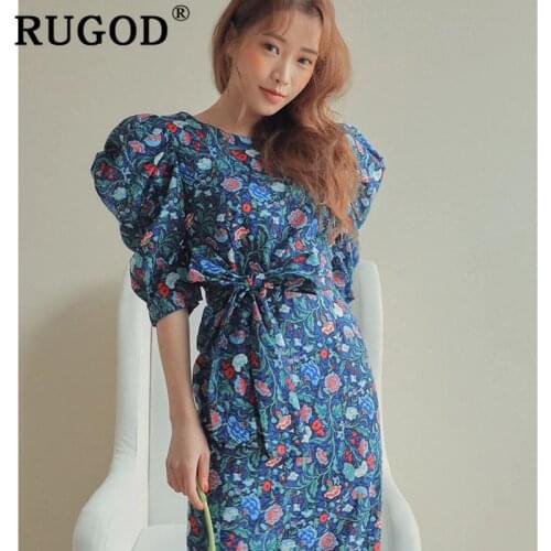 RUGOD Chic Womens Dress Vintage Floral Print Puff Sleeve High Waist Slim Was Thin Maxi Fishtail Vestidos Female Fashion Tide