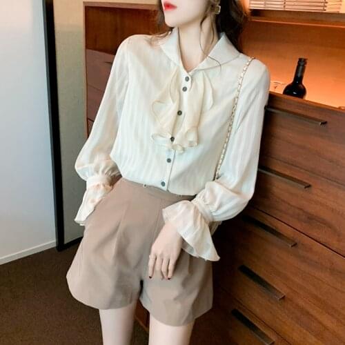 Striped Shirt Womens Design Sense Niche 2021 New Bell Sleeve Gentle Top Spring Chiffon White Shirt