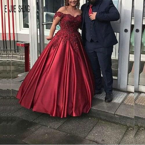 E JUE SHUNG Luxury Full Beaded Wedding Dresses Off Shoulder Floral Appliques Bridal Gowns Burgundy Dubai Stain robe de mariee