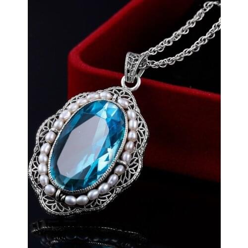 Wide Big Oval Aquamarine Antique Silver Pendant Women Steampunk Vintage Necklace Jewelry Noble Lady Grandeur Winter Sweater Deco