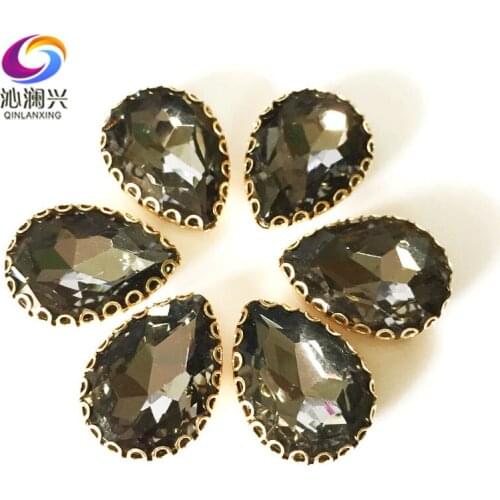 Gray color Drop shape top glass crystal lace claw rhinestones,golden base sew on stone for Diy/Clothing accessories HGS03