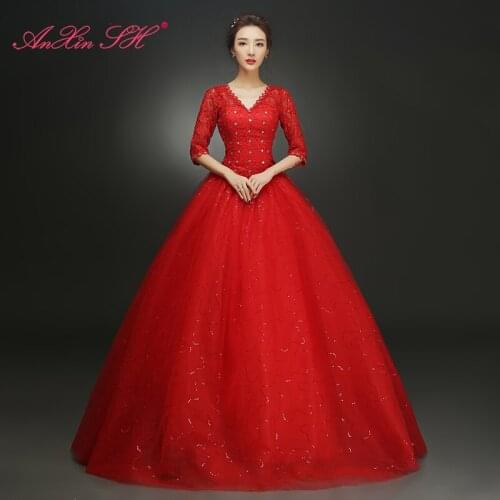 AXJFU Red flower princess wedding Dress luxury half sleeve v neck white illusion party bride wedding dress