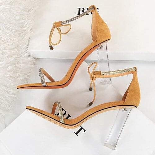 2021 Summer Luxury Women 9.5cm High Heels Glitter Crystal Silver Clear Block Heels Sandals Sexy Lace Up Sandals Big Size Shoes