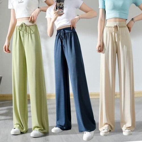 NEW 2021 Wide-leg Womens Pants High Waist Full-lenth Loose White Black Pants Casual Long Ice Silk Pants Women Trousers