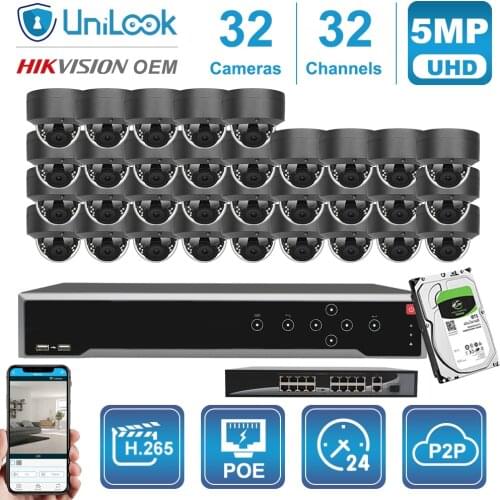 32CH 5MP POE IP Camera Gray NVR Kit Outdoor CCTV Surveillance OEM Hikvision DS-7732NI-I4/16P Customized Plug&Play System