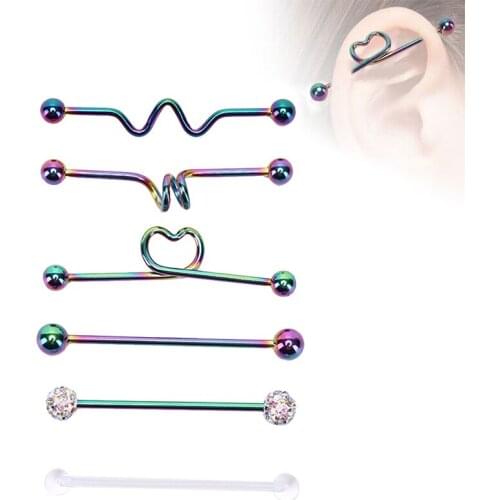 6Pcs/Set Industrial Stainless Steel Barbell Earrings Heart Arrow Rainbow Ear Cartilage Helix-Conch Piercing Jewelry