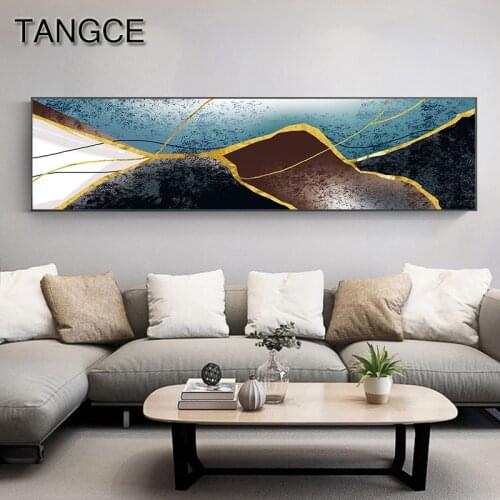 Abstract Blue Block Gold Lines Canvas Painting Big Banner Poster N Print for Living Room Bedroom Aisle Beautiful Wall Art Decor