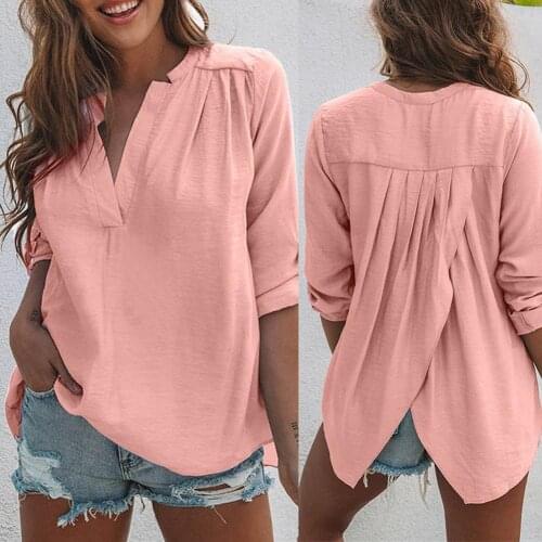 Women Fashion Solid Color Long Sleeve Pleated Back Slitting Hem Shirt Blouse womens shirt womens blouse fashion women blouses