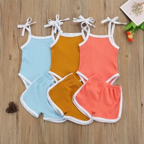 2Pcs Fashion Summer Newborn Toddler Baby Girls Outfits Clothes Cotton Casual Sleeveless Bodysuit Tops+Shorts Pants
