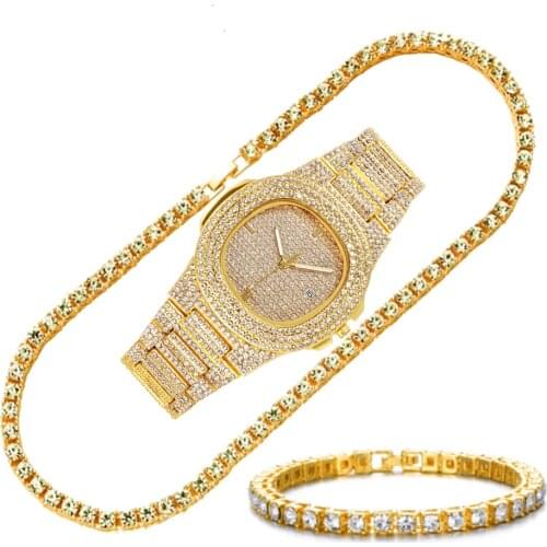 Iced Out Watches for Men Necklace Bracelet Rhinestone Choker Bling Crystal Tennis Chain for Men Jewelry Hip Hop Men gold Watch