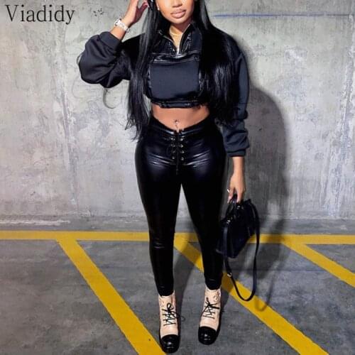 Women 2pcs Suit Black Long Sleeve PU Patchwork Top and High Waist Eyelet Bandage Bodycon PU Pants Set