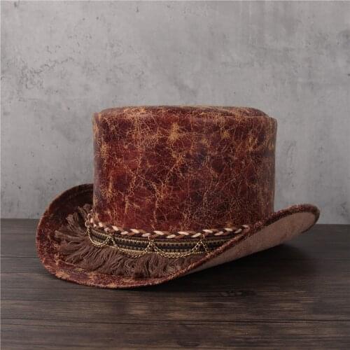 2021 Women Men Leather Flat Top Hat Shower Lday Tassel Fedora Hat Magic Steampunk Cosplay Pork Pie Party Cap