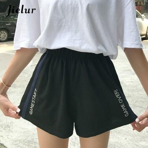 Jielur Side Stripe Letters Embroidery Elastic Waist Loose Shorts Feminino M-XXL Shorts Women Summer 2020 Black Spodenki Damskie
