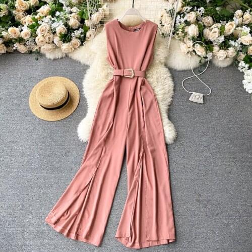 Summer Womens Jumpsuit French Retro solid color round neck sleeveless belt wide leg jumpsuit New Waist Female Jumpsuits DE356