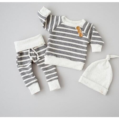 Baby Boy 3 Piece Clothes Sets 2020 Winter Long Sleeve Striped Buttons T-shirt Top and Pant with Hat Outfits Clothing Sets