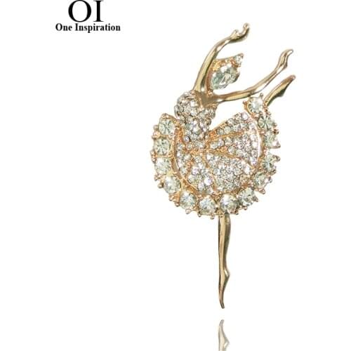OI Ballerina Beautiful Ballet Girl Brass Brooches Shiny Full Rhinestone Gold Color hijab pins Accessories Graceful Dancer ouija