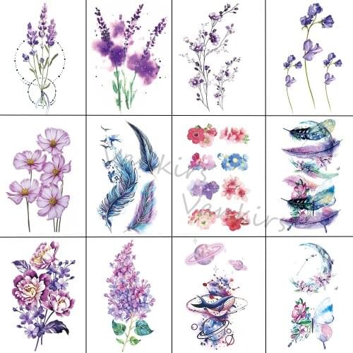 Colorful Lavender Temporary Tattoos For Women Kids Realistic Feather Dahlia Outer Space Planet Fake Tattoo Sticker Body Tatoos