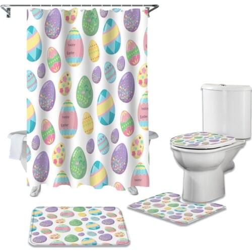 Little Cute Happy Easter Eggs Print Shower Curtain Bathtub Decor Rug Waterproof Bathroom Curtain Toilet Cover Mat Set
