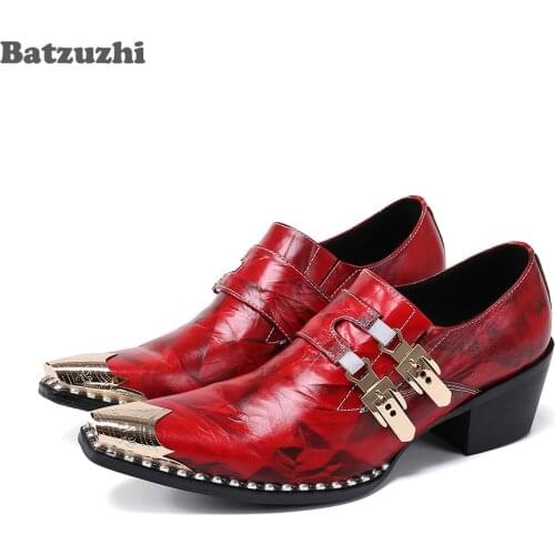Batzuzhi Handmade Mens Shoes Golden Pointed Iron Toe Leather Dress Shoes Men Formal Business Leather Men Shoes 6.5cm High Heels