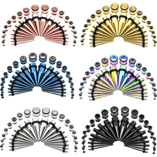36PCS Metal Ear Stretching Kit 14-00G Stainless Steel Ear Taper Set Ear Gauge Stretching Kit Gold Flesh Tunnel Plug Exapnder Set