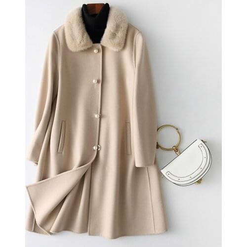 2020 Autumn Winter New Wool Coat Female Luxury Mink Fur Collar Ladies Coats Solid Long Jackets For Women 38057 WYQ1423