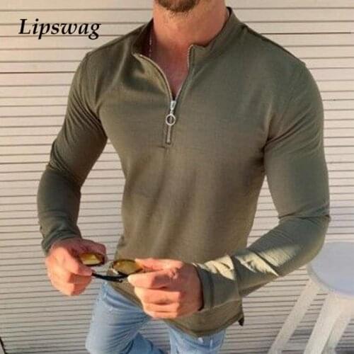 New Casual Mens Solid Color Zipper Stand Collar Pullover 2021 Spring Fashion Long Sleeve Tops Autumn Male Slim Shirts Streetwear