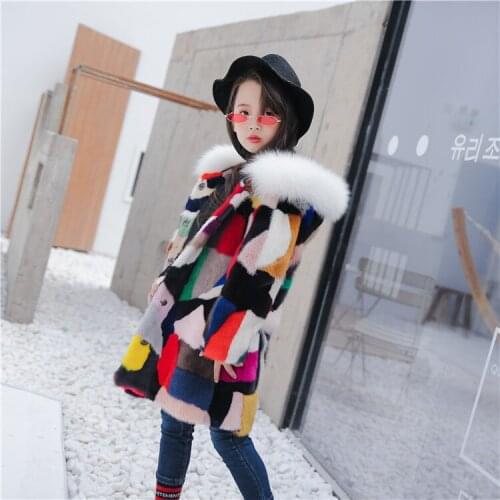 NEW real genuine natural kids mink fur coat with fox fur hood child fashion fur jacket girls fashion warm winter outwear