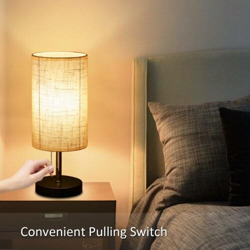 Bedside Table lamp Pulling Switch Desk Nightstand Lamp with 2 USB Charge Port Round Fabric Shade for Bedroom Living Room Office