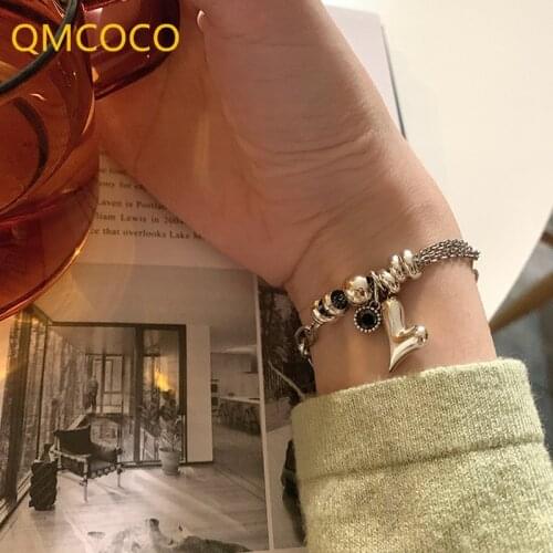 QMCOCO 925 Silver Bracelet For Women New Trendy Punk Vintage Charming Sweet LOVE Heart-Shape Jewelry Birthday Gifts