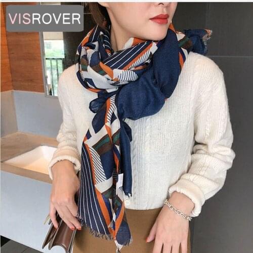 VISROVER 2020 Fashion Strip Print Viscose Autumn Scarf With Fringer navy Wraps Winter Shawl Spring Beach Wholesales Gift
