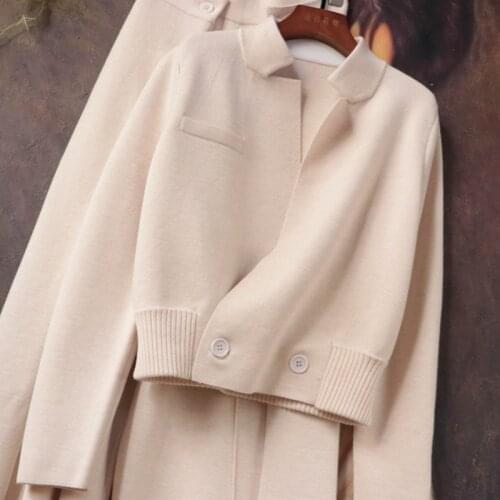 Fashion Autumn Winter Suits Thick Elegant Long Sleeve Lapel Woolen Jacket Double Breasted Tops Knitting Wide Leg Pant Sets Wild