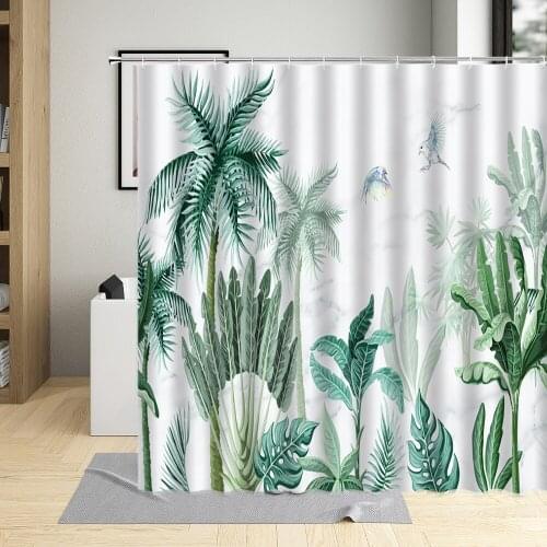 Tropical Palm Tree Plant Shower Curtain Bird Green Leaves Banana Leaf Wall Decoration Cloth Bathroom Hanging Curtains Set Hooks